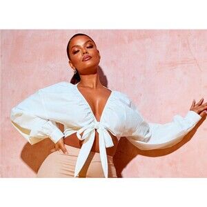 PrettyLittleThing Plus White Tie Front Ruched Blouse US Size 18 NWT